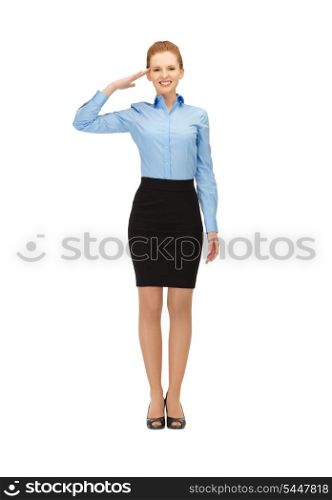happy and smiling stewardess making salute gesture