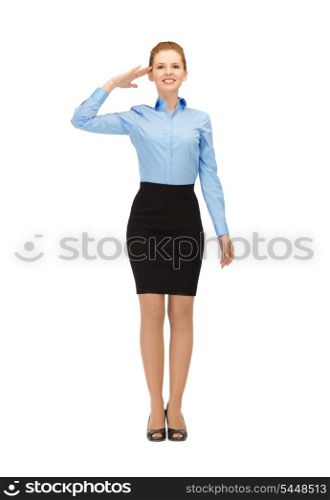 happy and smiling stewardess making salute gesture