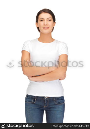 happy and smiling woman in blank white t-shirt