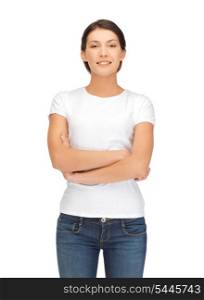 happy and smiling woman in blank white t-shirt