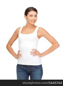 happy and smiling woman in blank white t-shirt
