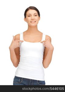 happy and smiling woman in blank white t-shirt