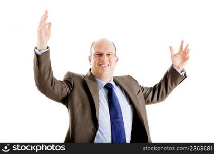 Happy and successful business man with both hands on the air, isolated on white