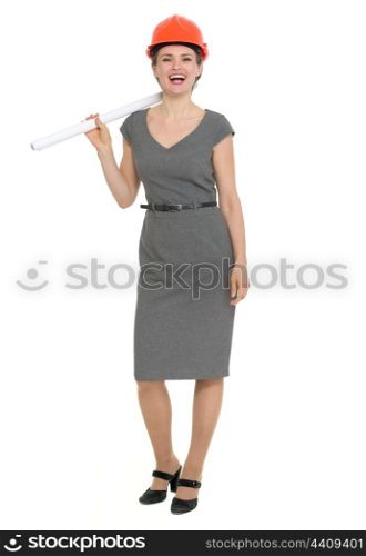 Happy architect woman with flip chart. HQ photo. Not oversharpened. Not oversaturated. Happy architect woman with flip chart isolated