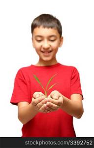 happy asian boy holding green plant in hands