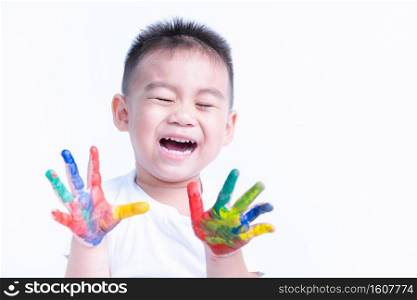 Happy asian child kid smile on education art show hand with water color or finger paint on hands the photogarphy in studio on with background, Baby 2-3 years