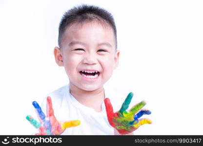 Happy asian child kid smile on education art show hand with water color or finger paint on hands the photogarphy in studio on with background, Baby 2-3 years