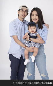 Happy Asian family on white background