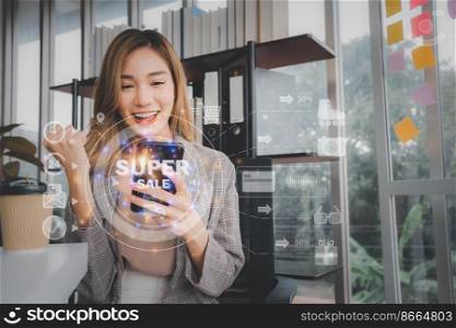 Happy Asian woman exciting experience using mobile payments online shopping after purchasing consumer goods at a discount in the black Friday sale. Cyber security internet and networking concept