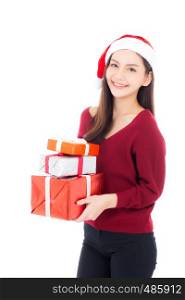 Happy asian woman with smile holding gift box many of xmas, Present girl with celebration christmas a holiday, girl with buyer enjoy and excited isolated on white background, shopping with season concept.