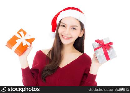 Happy asian woman with smile holding gift box of xmas, Present girl with celebration christmas a holiday, girl with buyer enjoy and excited isolated on white background, shopping with season concept.