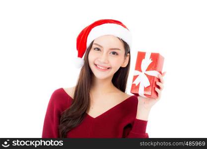 Happy asian woman with smile holding gift box of xmas, Present girl with celebration christmas a holiday, girl with buyer enjoy and excited isolated on white background, shopping with season concept.