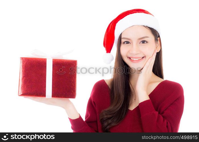 Happy asian woman with smile holding gift box of xmas, Present girl with celebration christmas a holiday, girl with buyer isolated on white background, shopping with season concept.