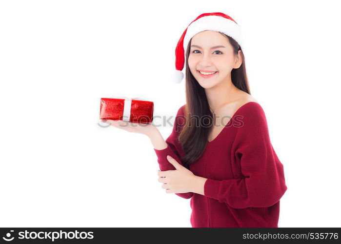 Happy asian woman with smile holding gift box of xmas, Present girl with celebration christmas a holiday, girl with buyer isolated on white background, shopping with season concept.