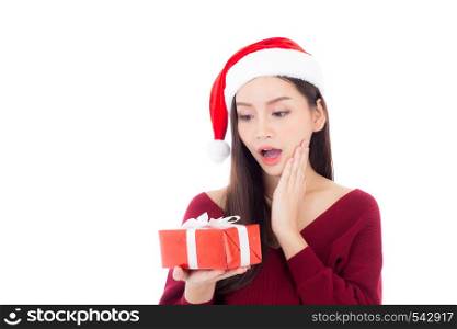 Happy asian woman with smile holding gift box of xmas, Present girl with celebration christmas, girl with surprise isolated on white background, shopping with season concept.