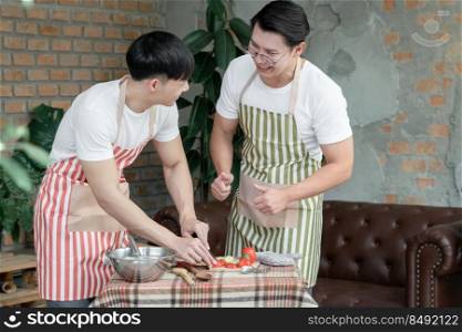 Happy Asian young LGBT gay couple with apron cooking together. Handsome man cutting tomato cucumber and his boyfriend thumb up to him in kitchen at home. Relationship of homosexual lifestyle concept