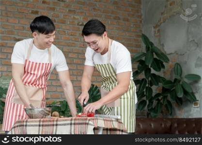 Happy Asian young LGBT gay couple with apron cooking together. Handsome man cutting tomato cucumber and his boyfriend looking at him in kitchen at home. Relationship of homosexual lifestyle concept