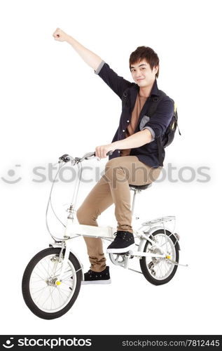 Happy asian young man on a bicycle isolated on white background