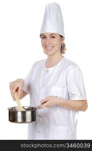 happy attractive cook woman a over white background