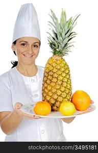 happy attractive cook woman a over white background