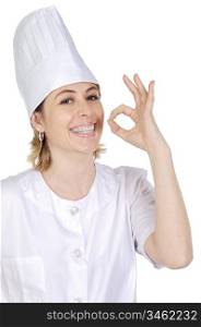 happy attractive cook woman becoming lean the fingers a over white background