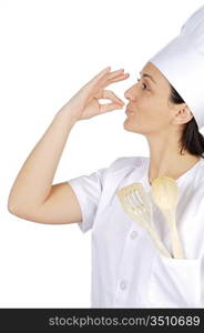 happy attractive cook woman becoming lean the fingers a over white background