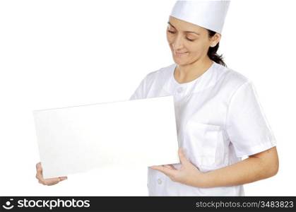 happy attractive cook woman whit slate a over white background