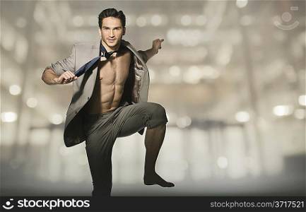 Happy attractive guy in jump pose