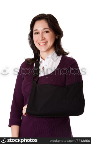 Happy attractive woman with broken arm in sling, isolated.