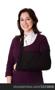 Happy attractive woman with broken arm in sling, isolated.