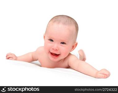 happy baby crawling on white sheet