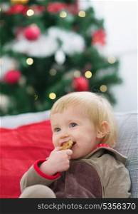 Happy baby eating cookie near Christmas tree