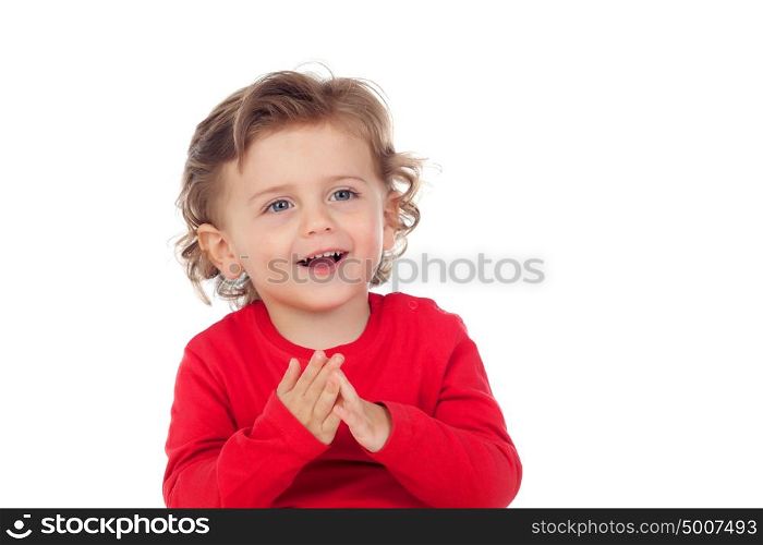 Happy baby wearing red t-shirt isolated on a white background