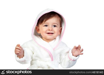 Happy baby with a bathrobe isolated on white background