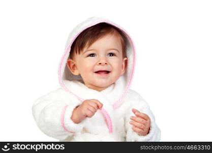 Happy baby with a bathrobe isolated on white background