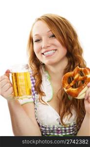 happy bavarian dressed girl with beer and pretzel. happy bavarian dressed girl with beer and pretzel on white background