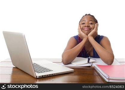 happy beautiful business african woman working with a laptop on a desk, isolated on white background. african woman working