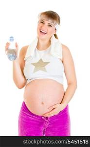 Happy beautiful pregnant woman in sportswear holding bottle of water&#xA;