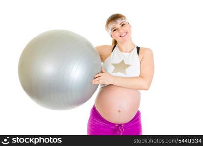 Happy beautiful pregnant woman in sportswear holding fitness ball isolated on white &#xA;