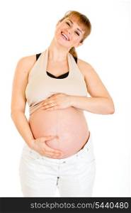 Happy beautiful pregnant woman touching her belly isolated on white background&#xA;