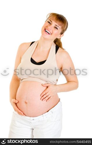 Happy beautiful pregnant woman touching her tummy isolated on white background&#xA;