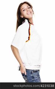 happy beautiful woman wearing football shirt with hand in her back pocket. happy beautiful woman wearing football shirt with hand in her back pocket on white background