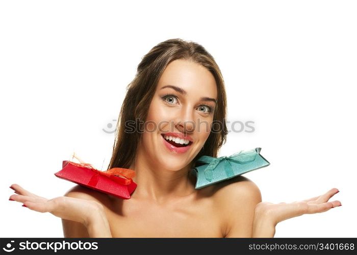 happy beautiful woman with two presents on her shoulders. happy beautiful woman with two presents on her shoulders on white background