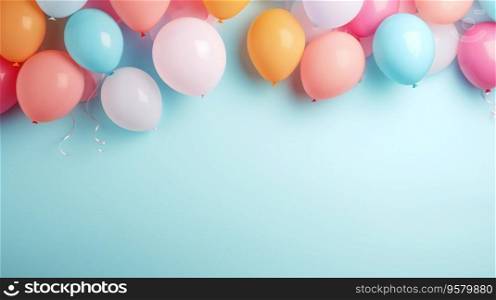 Happy birthday ! A free space for text, birth day celebrations event. Pastel background. Colorful balloons. Generatiive AI