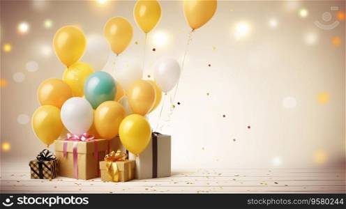 Happy birthday   A free space for text, birth day celebrations event. Pastel style. Colorful balloons and gift box. Generative AI