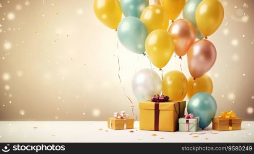 Happy birthday   A free space for text, birth day celebrations event. Pastel style. Colorful balloons and gift box. Generative AI