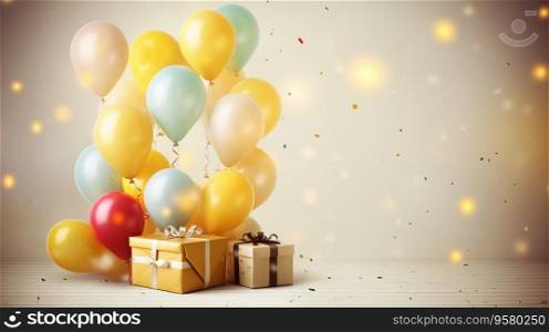 Happy birthday ! A free space for text, birth day celebrations event. Pastel style. Colorful balloons and gift box. Generative AI
