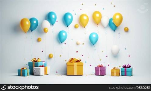Happy birthday ! A free space for text, birth day celebrations event. Pastel style. Colorful balloons and gift box. Generative AI