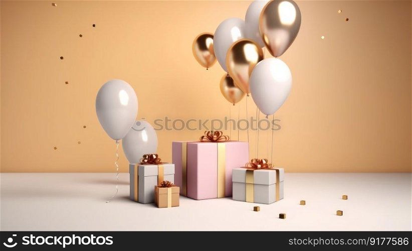 Happy Birthday Background with balloons. Illustration Generative AI 