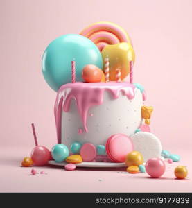 Happy Birthday background with cake. Illustration Generative AI
